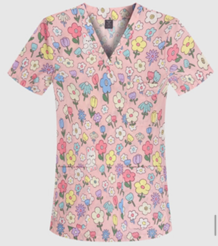 Spring flowers on pink scrub top