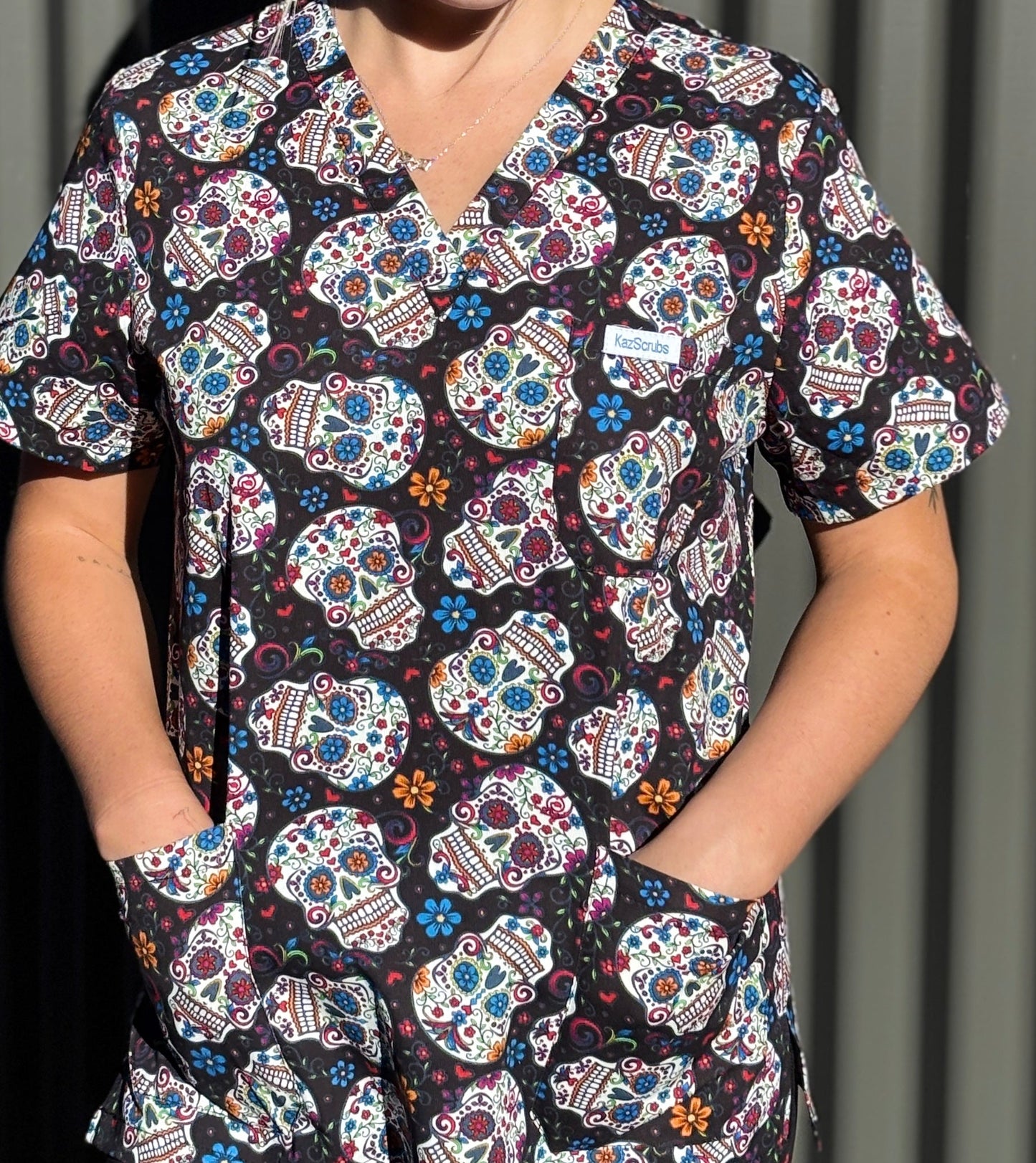 Sugar-skull scrub top KazScrubs