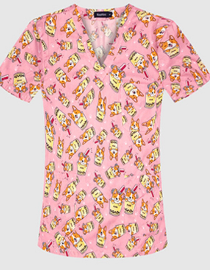 Dogs with bubble tea on pink scrub top