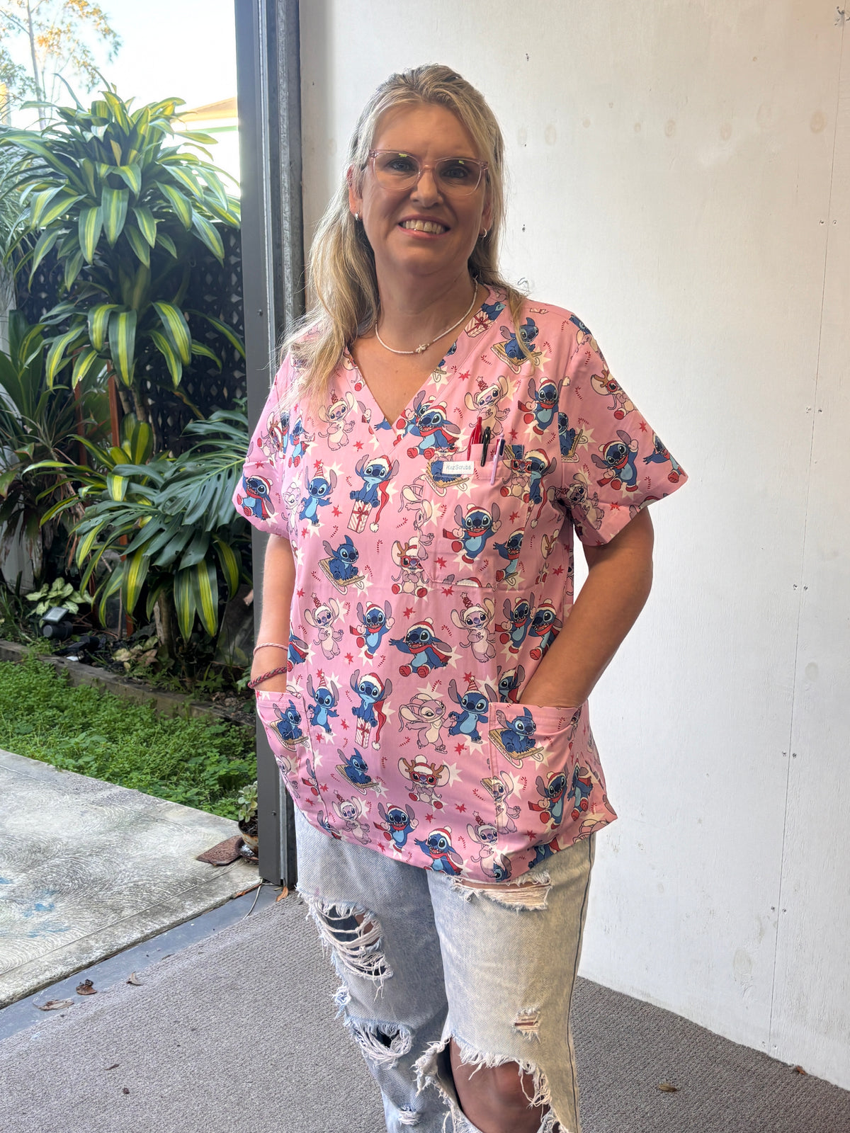 Christmas love with stitch scrub top