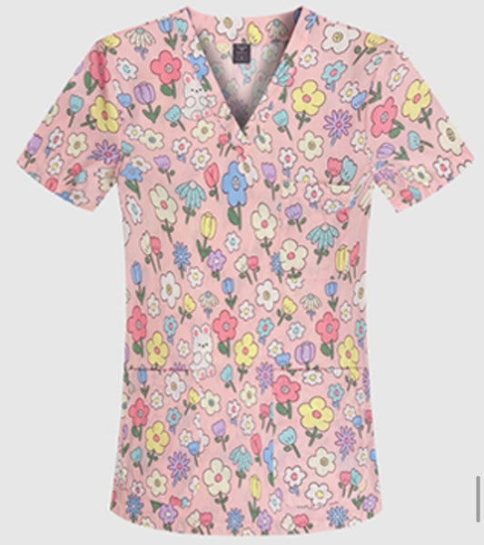 Spring flowers on pink scrub top