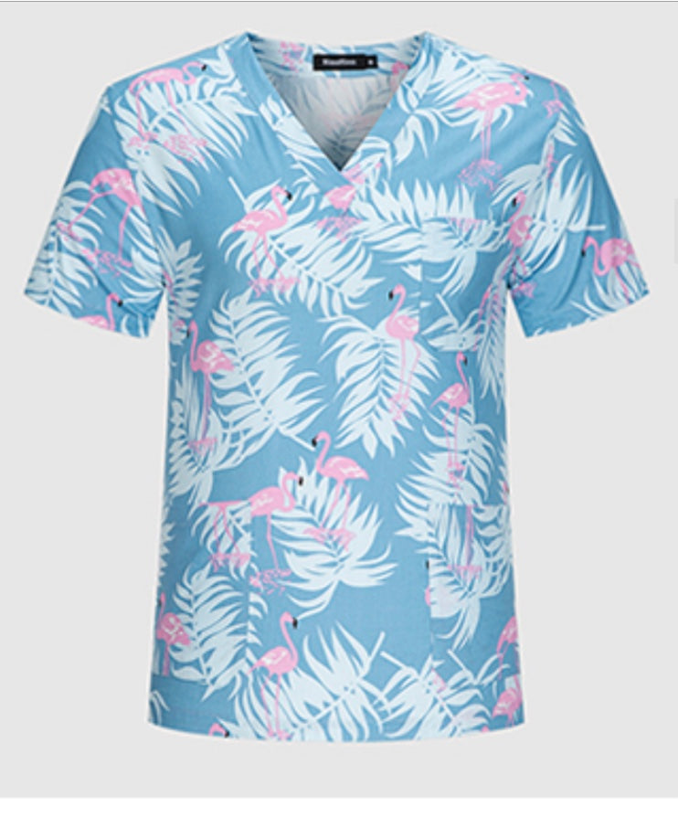 Feathers on blue scrub top
