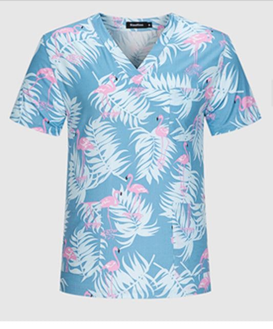 Feathers on blue scrub top