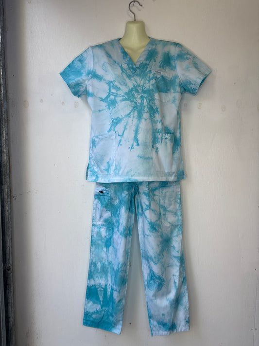 Tropical teal tie dyed scrub sets