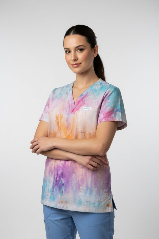 Water colour whisper tie dyed scrub top