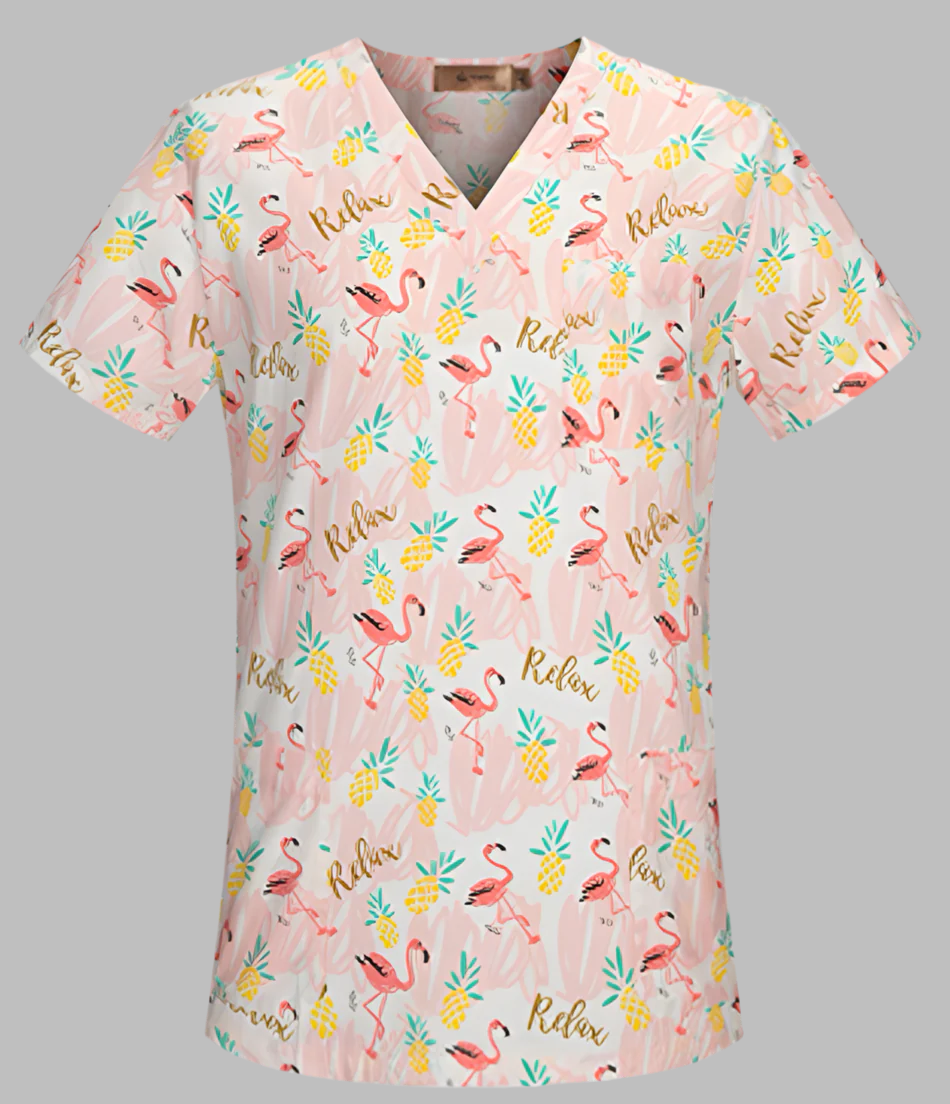 Flamingo’s on pink scrub top
