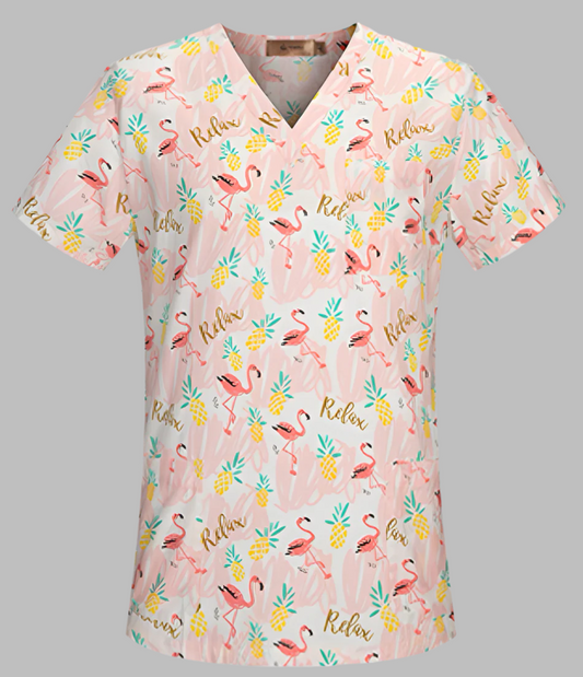 Flamingo’s on pink scrub top