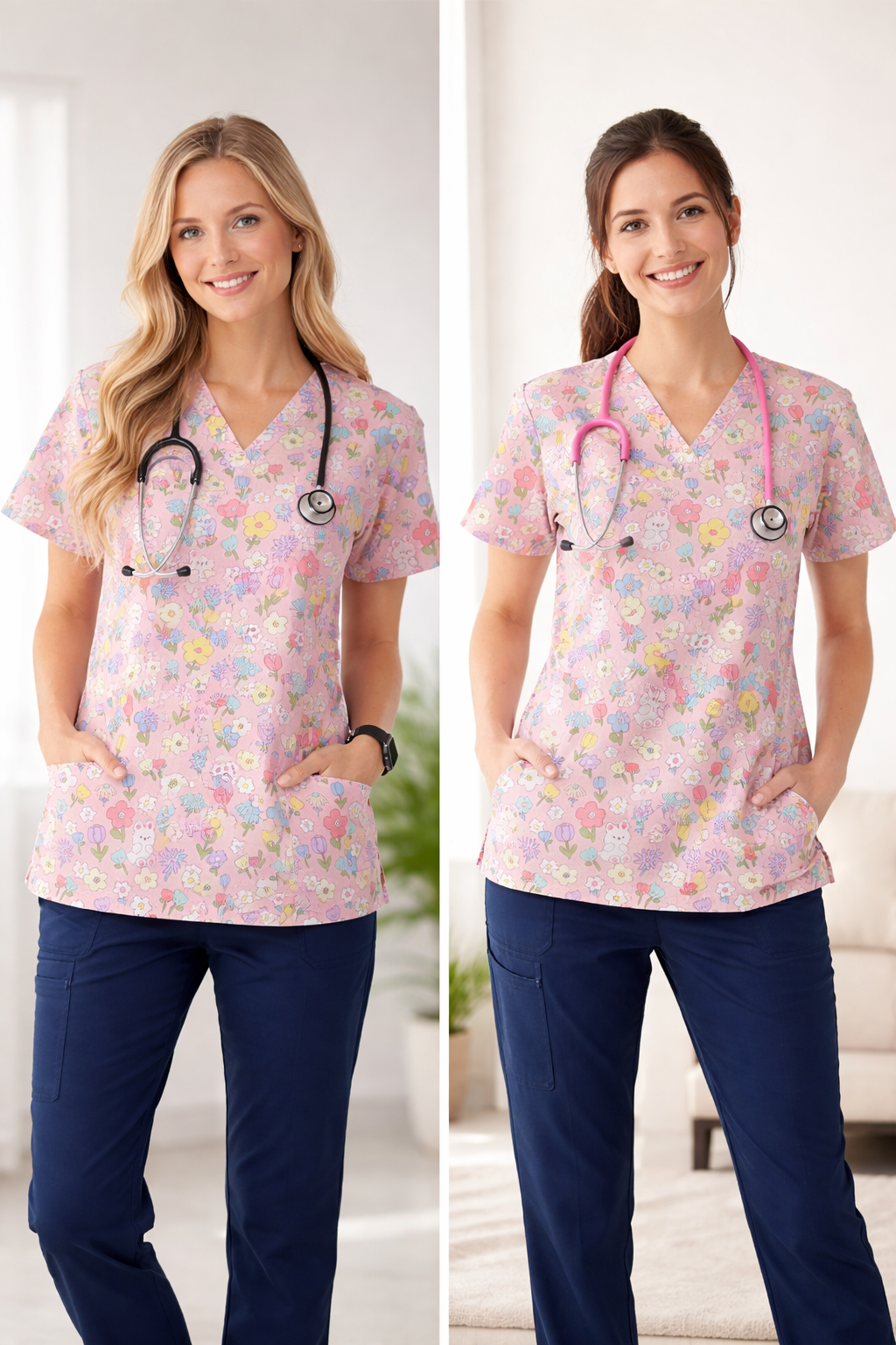 Spring flowers on pink scrub top
