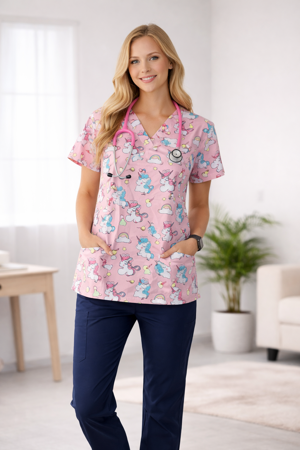 Unicorns on pink scrub top