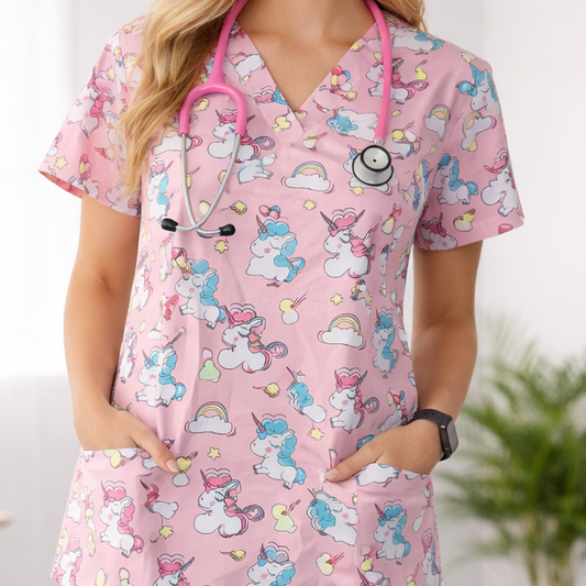 Unicorns on pink scrub top KazScrubs