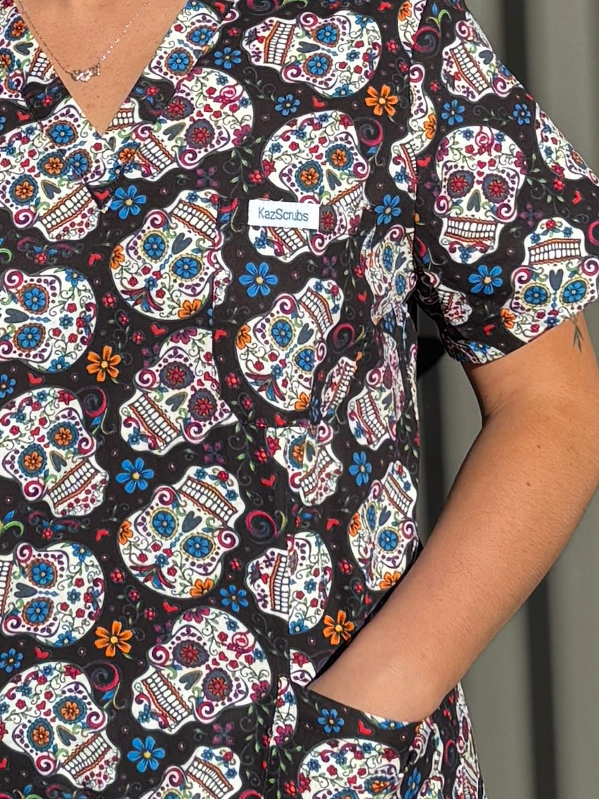 Sugar-skull scrub top