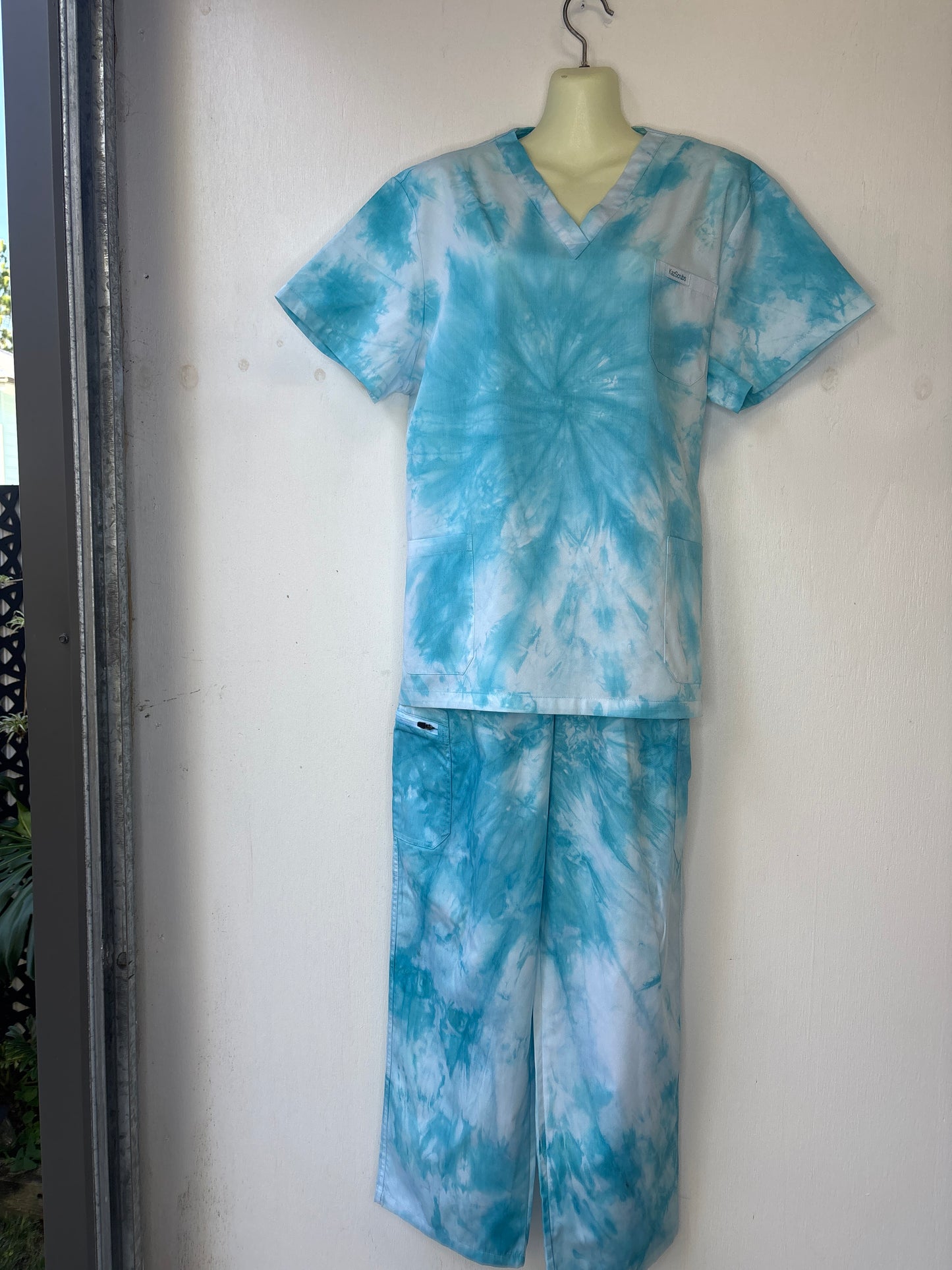 Tropical teal tie dyed scrub sets