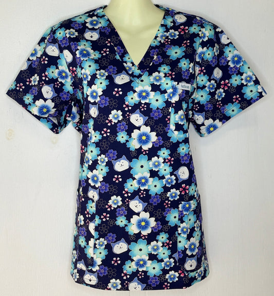 beautiful blue flowers scrub top