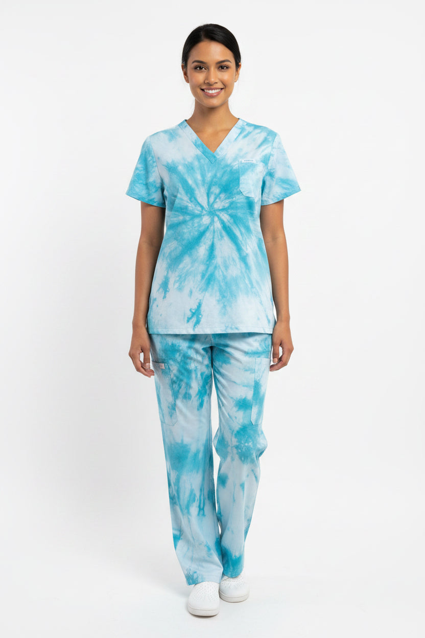 Tropical teal tie dyed scrub sets