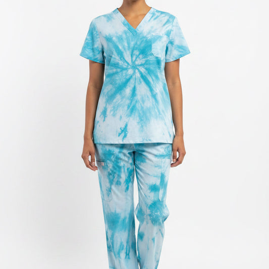 Tropical teal tie dyed scrub sets
