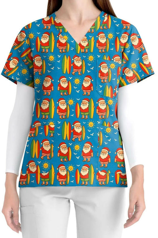 Surfing Santa scrub top