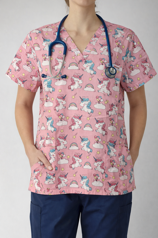 Unicorns on pink scrub top