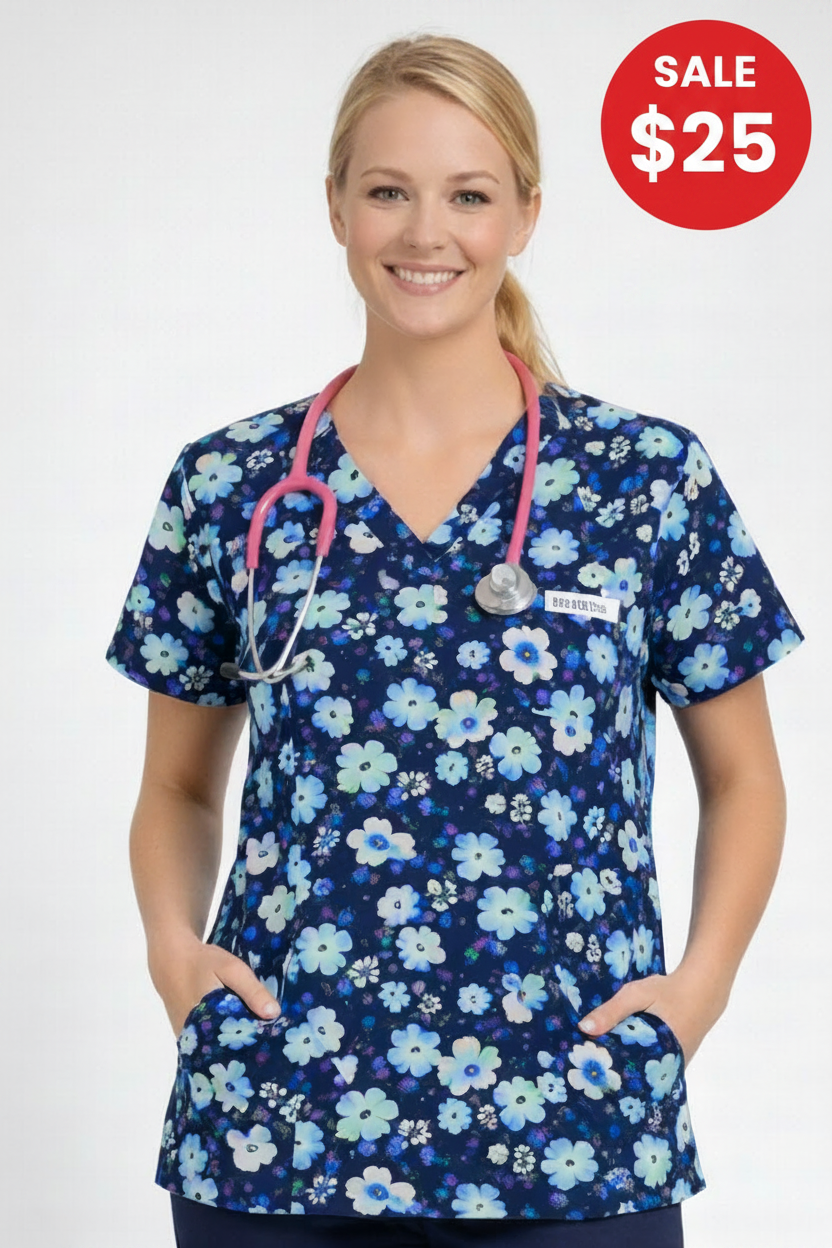 beautiful blue flowers scrub top KazScrubs