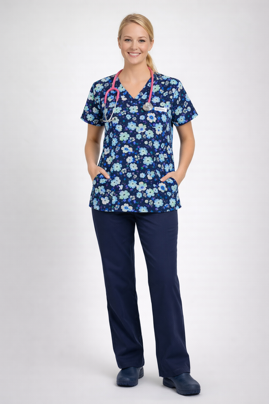 beautiful blue flowers scrub top