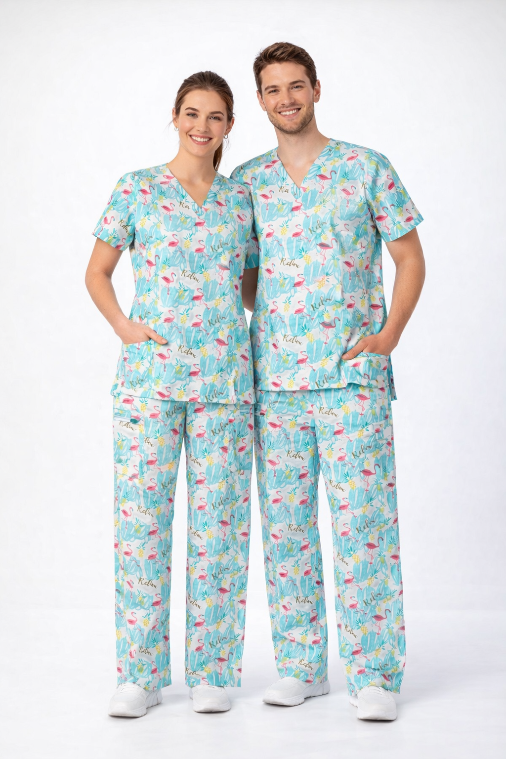 Flamingos on blue scrub set